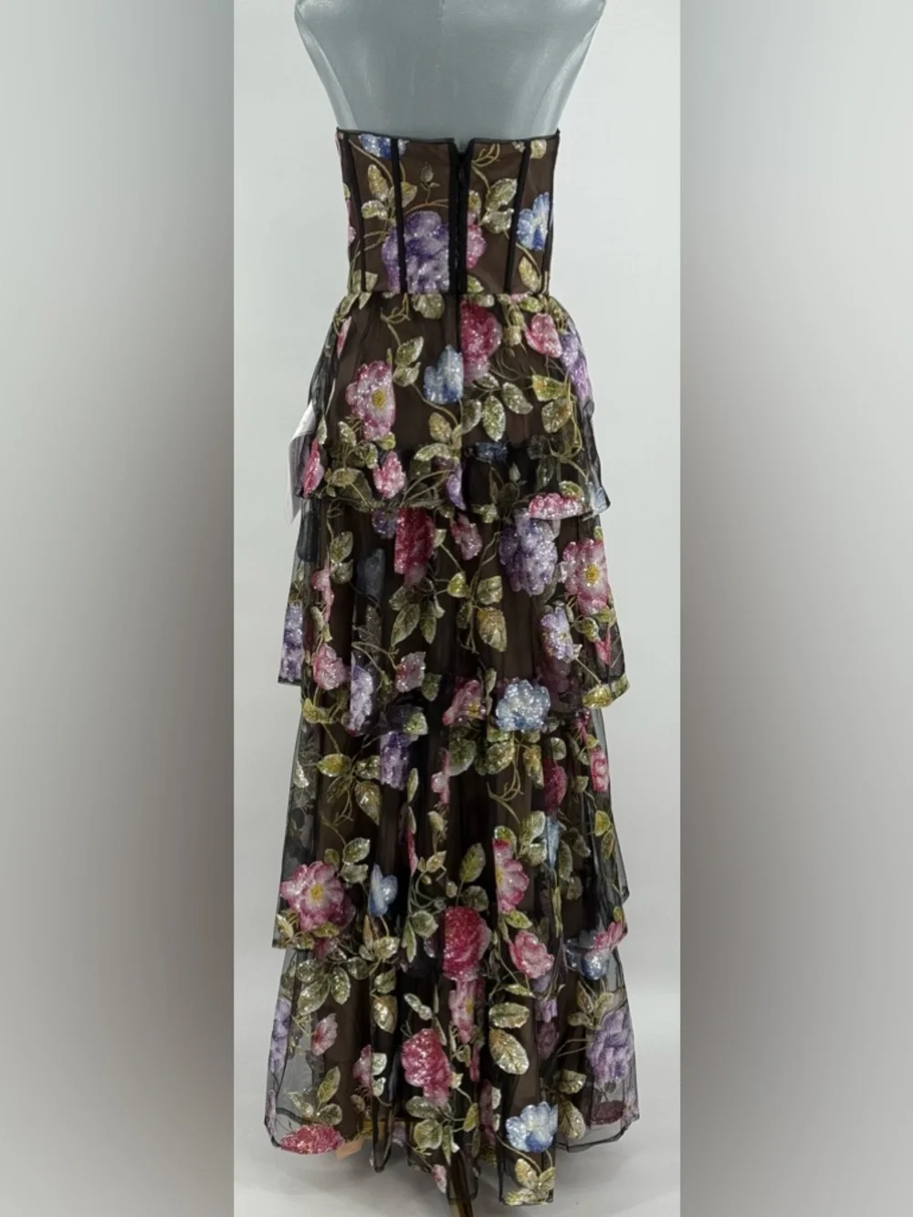 🆕 DRESS THE POPULATION 🧿 NWT Layana Strapless Tiered Floral Sequin Gown - Sz M